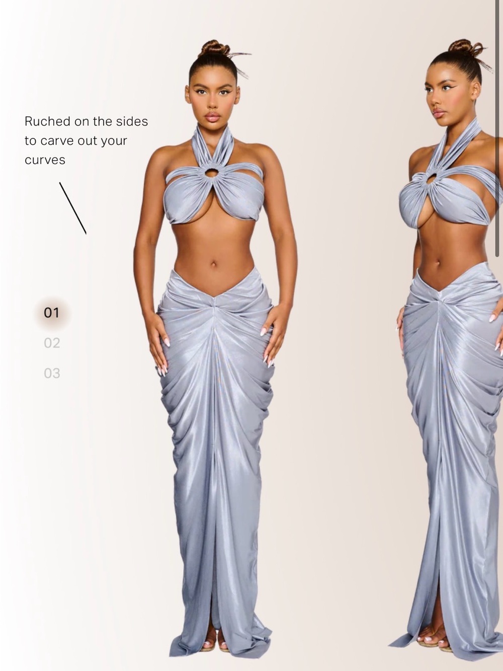 Silver Halter Ruched Maxi Dress